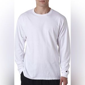 Champion White Long Sleeve Shirt Blue & Black Logo Down Sleeve Size Larg…